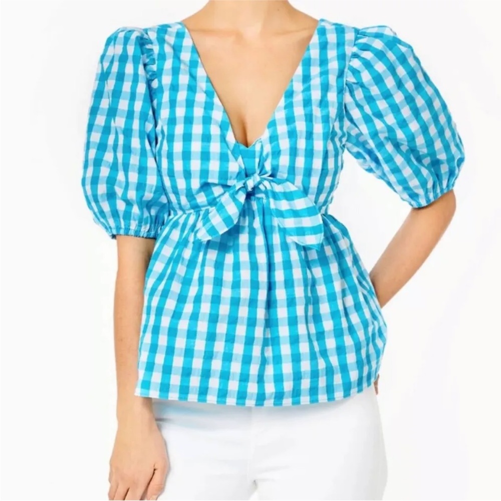 NWT Lilly Pulitzer Sarafina Short Sleeve Turquoise Oasis Crinkle Gingham 4